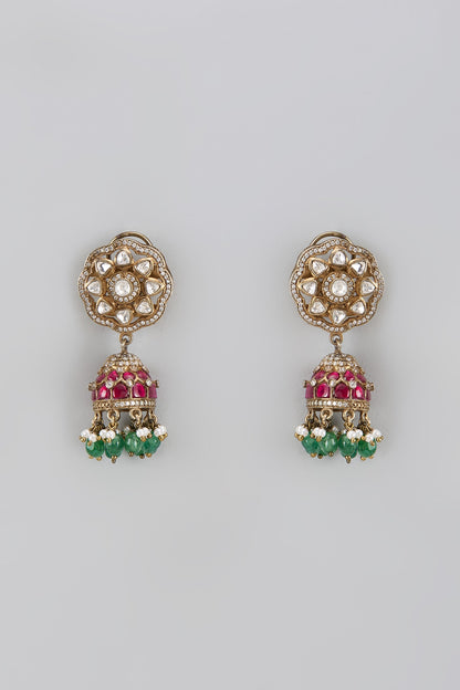 Gold Plated Moissanite Polki Dangler Earrings In Sterling Silver