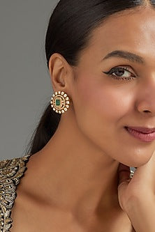 Gold Plated Green Moissanite Polki Stud Earrings In Sterling Silver