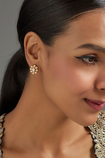 Gold Plated Moissanite Polki Stud Earrings In Sterling Silver