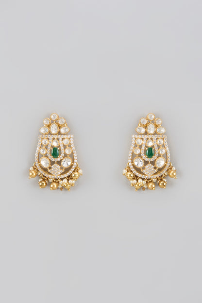 Gold Plated Green Moissanite Polki Dangler Earrings In Sterling Silver