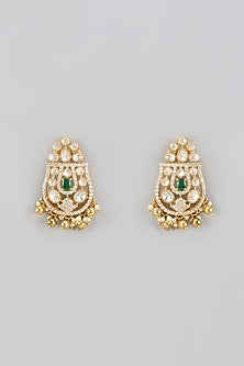 Gold Plated Green Moissanite Polki Dangler Earrings In Sterling Silver