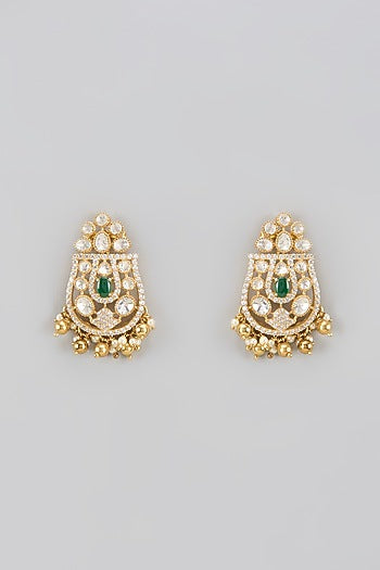 Gold Plated Green Moissanite Polki Dangler Earrings In Sterling Silver