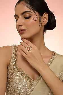 Gold Plated Red Kundan Polki Handcrafted Adjustable Ring In Sterling Silver