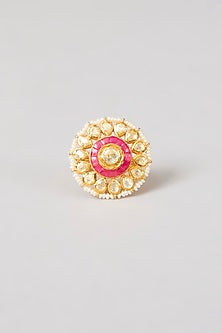 Gold Plated Red Kundan Polki Handcrafted Adjustable Ring In Sterling Silver