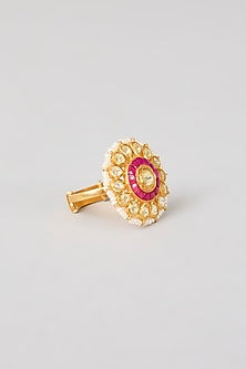 Gold Plated Red Kundan Polki Handcrafted Adjustable Ring In Sterling Silver
