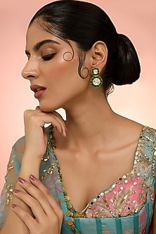 Gold Plated Green Kundan Polki Handcrafted Dangler Earrings In Sterling Silver