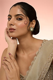 Gold Plated Green Kundan Polki Handcrafted Stud Earrings In Sterling Silver