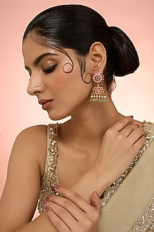 Gold Plated Red Kundan Polki Handcrafted Dangler Earrings In Sterling Silver