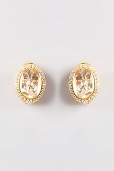 Gold Plated White Kundan Polki Handcrafted Stud Earrings In Sterling Silver