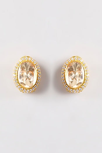 Gold Plated White Kundan Polki Handcrafted Stud Earrings In Sterling Silver