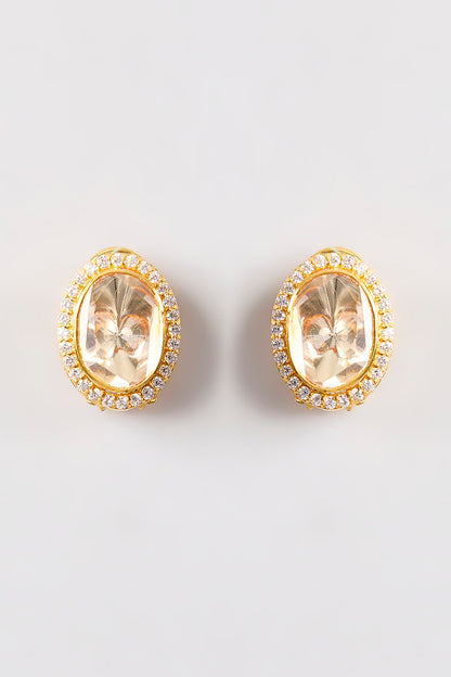 Gold Plated White Kundan Polki Handcrafted Stud Earrings In Sterling Silver