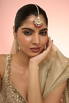 Gold Plated Red Kundan Polki Handcrafted Maangtikka In Sterling Silver