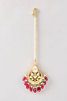 Gold Plated Red Kundan Polki Handcrafted Maangtikka In Sterling Silver
