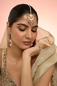 Gold Plated White Kundan Polki Handcrafted Maangtikka In Sterling Silver