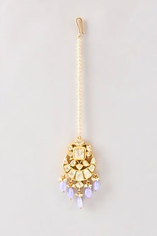 Gold Plated White Kundan Polki Handcrafted Maangtikka In Sterling Silver