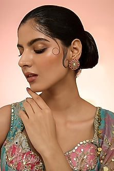 Gold Plated Red Kundan Polki Handcrafted Stud Earrings In Sterling Silver