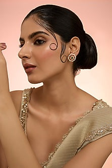Gold Plated Red Kundan Polki Handcrafted Stud Earrings In Sterling Silver