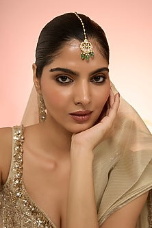 Gold Plated Green Kundan Polki Handcrafted Maangtikka In Sterling Silver In Sterling Silver