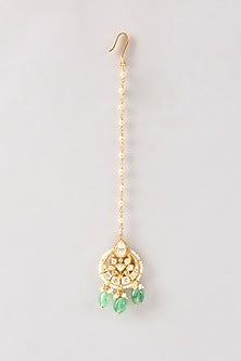 Gold Plated Green Kundan Polki Handcrafted Maangtikka In Sterling Silver In Sterling Silver