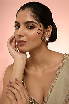 Gold Plated Red Kundan Polki Handcrafted Stud Earrings In Sterling Silver