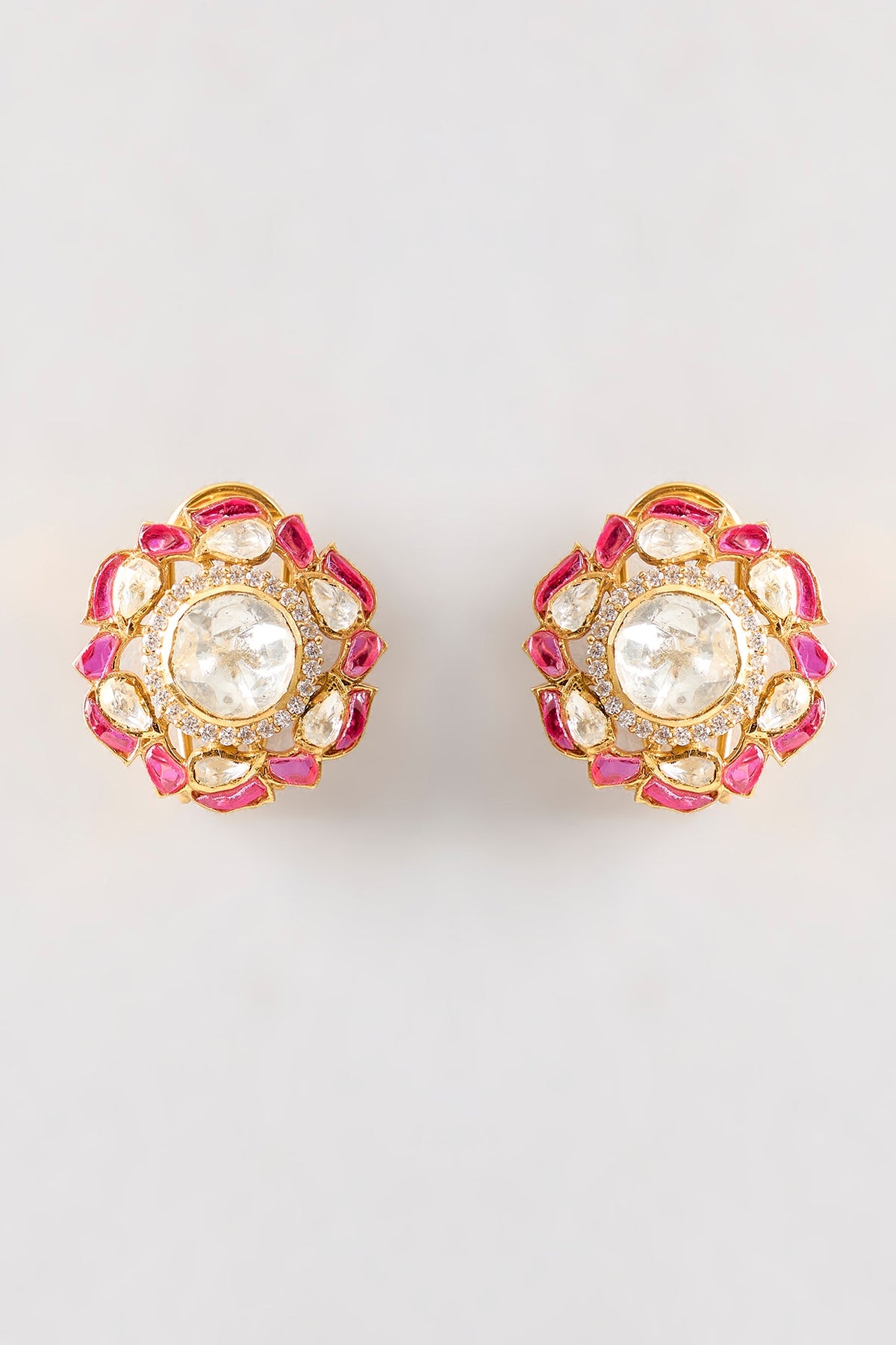 Gold Plated Red Kundan Polki Handcrafted Stud Earrings In Sterling Silver