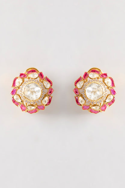 Gold Plated Red Kundan Polki Handcrafted Stud Earrings In Sterling Silver