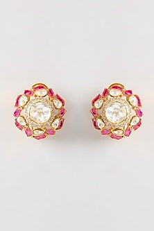 Gold Plated Red Kundan Polki Handcrafted Stud Earrings In Sterling Silver