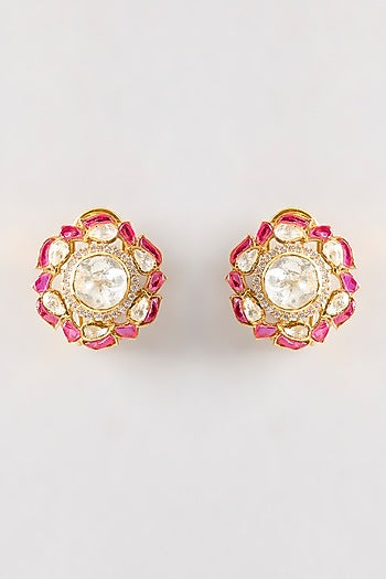 Gold Plated Red Kundan Polki Handcrafted Stud Earrings In Sterling Silver