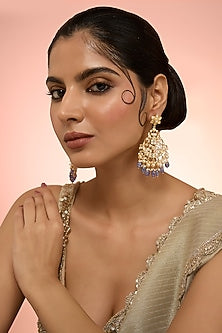 Gold Plated White Kundan Polki Handcrafted Dangler Earrings In Sterling Silver