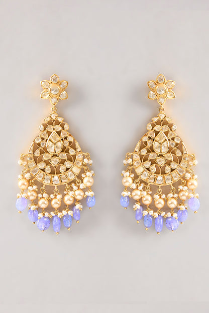 Gold Plated White Kundan Polki Handcrafted Dangler Earrings In Sterling Silver