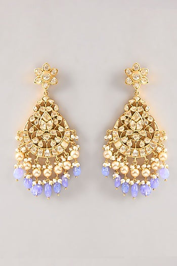 Gold Plated White Kundan Polki Handcrafted Dangler Earrings In Sterling Silver