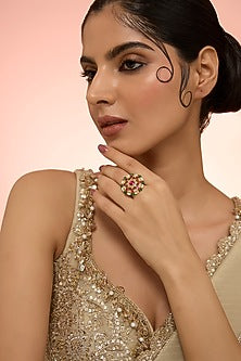 Gold Plated Green Kundan Polki Handcrafted Adjustable Ring In Sterling Silver
