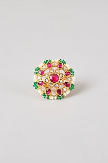 Gold Plated Green Kundan Polki Handcrafted Adjustable Ring In Sterling Silver