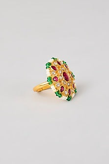 Gold Plated Green Kundan Polki Handcrafted Adjustable Ring In Sterling Silver