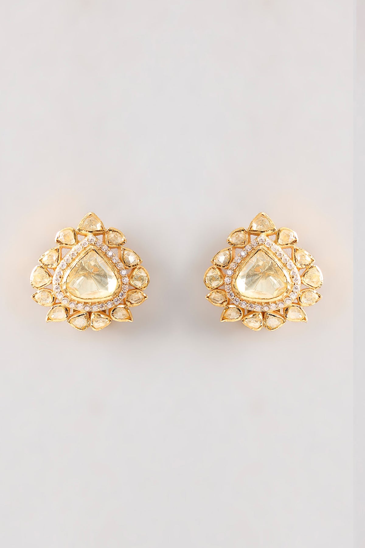 Gold Plated White Kundan Polki Handcrafted Dangler Earrings In Sterling Silver