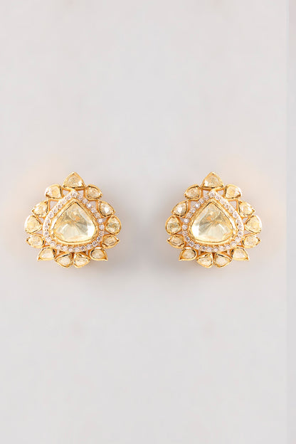 Gold Plated White Kundan Polki Handcrafted Dangler Earrings In Sterling Silver