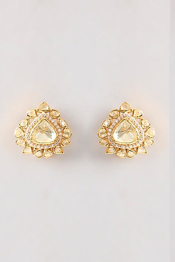 Gold Plated White Kundan Polki Handcrafted Dangler Earrings In Sterling Silver