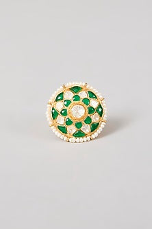 Gold Plated Green Kundan Polki Handcrafted Adjustable Ring In Sterling Silver