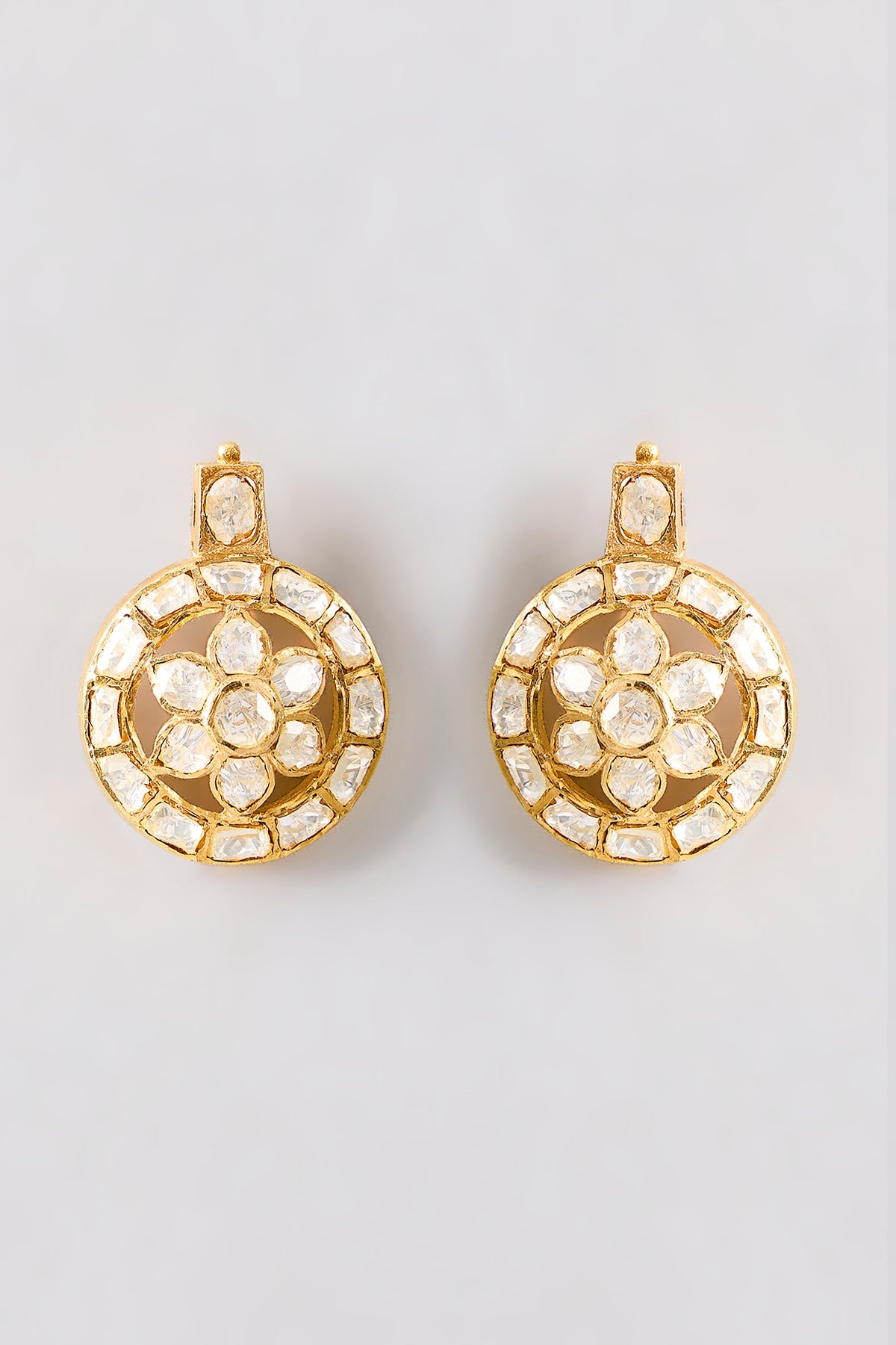 Gold Plated White Kundan Polki Handcrafted Stud Earrings In Sterling Silver