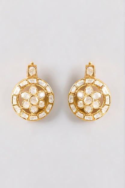 Gold Plated White Kundan Polki Handcrafted Stud Earrings In Sterling Silver