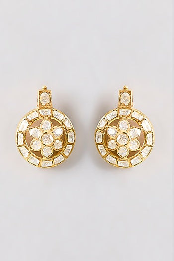 Gold Plated White Kundan Polki Handcrafted Stud Earrings In Sterling Silver