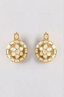 Gold Plated White Kundan Polki Handcrafted Stud Earrings In Sterling Silver