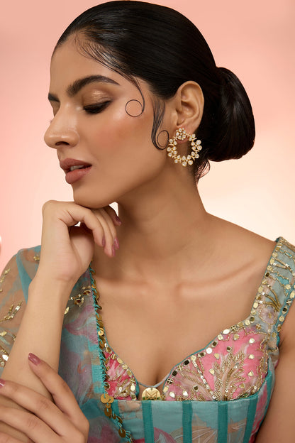 Gold Plated White Kundan Polki Handcrafted Chandbali Earrings In Sterling Silver