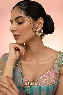 Gold Plated White Kundan Polki Handcrafted Chandbali Earrings In Sterling Silver