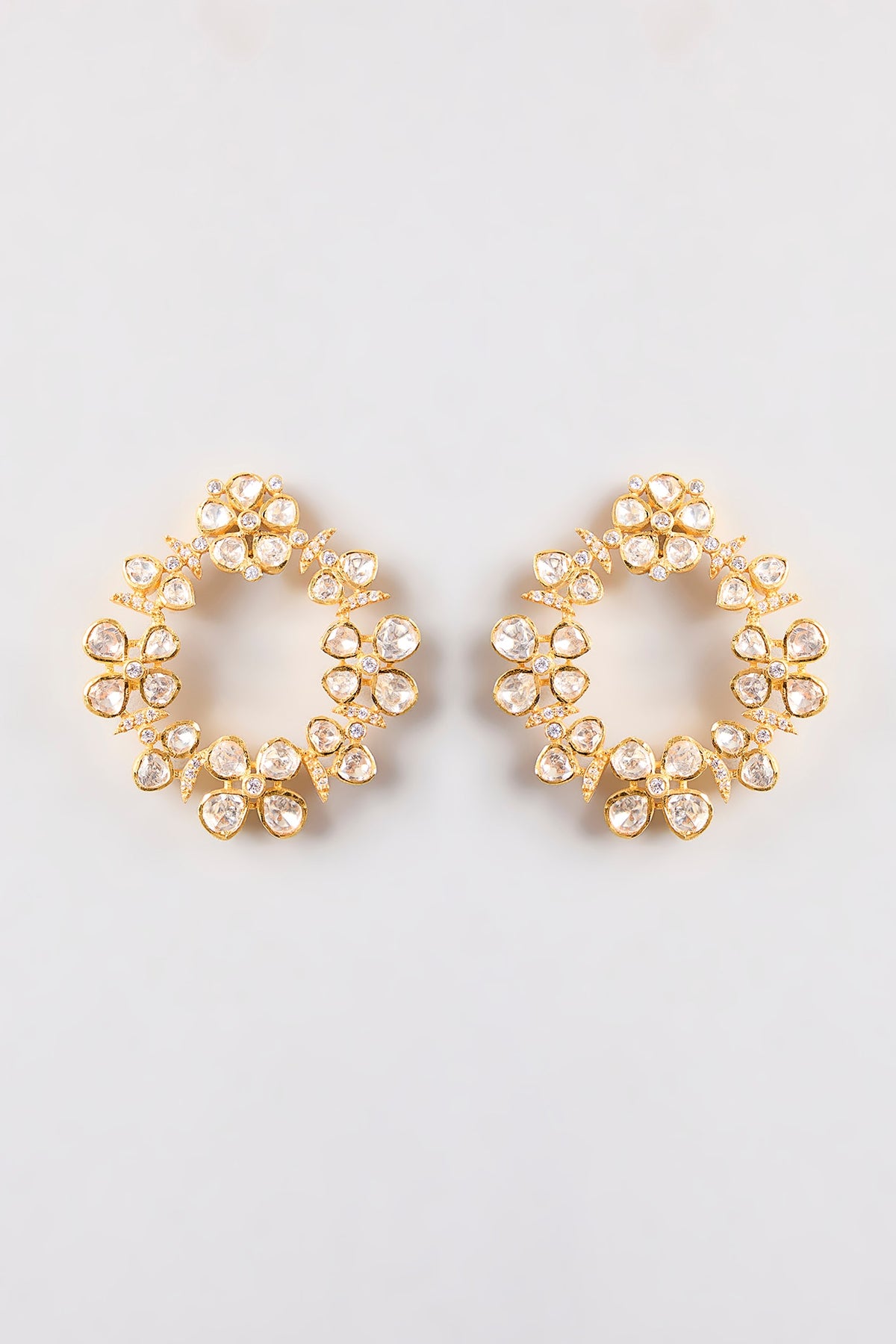 Gold Plated White Kundan Polki Handcrafted Chandbali Earrings In Sterling Silver