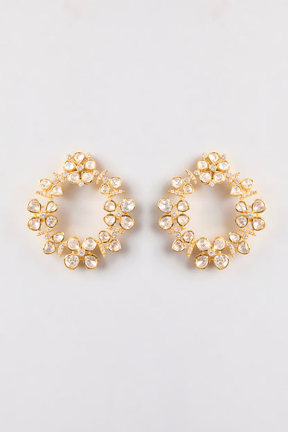Gold Plated White Kundan Polki Handcrafted Chandbali Earrings In Sterling Silver