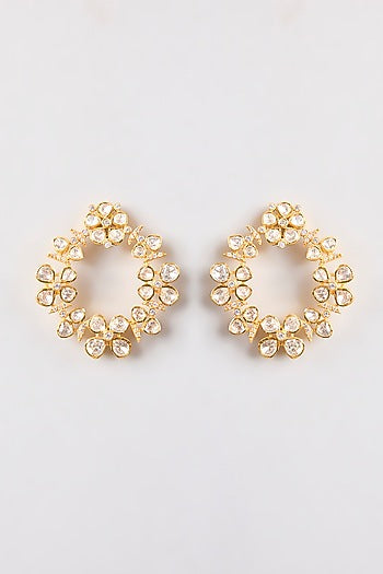 Gold Plated White Kundan Polki Handcrafted Chandbali Earrings In Sterling Silver