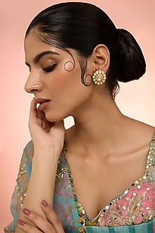Gold Plated White Kundan Polki Handcrafted Stud Earrings In Sterling Silver