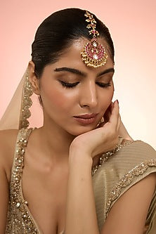 Gold Plated Red Kundan Polki Handcrafted Maangtikka In Sterling Silver