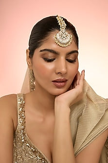 Gold Plated White Kundan Polki Handcrafted Maangtikka In Sterling Silver